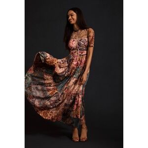 Geisha Designs Anthropologie Patchwork Floral Maxi Dress Pink Multi Mesh Size 4